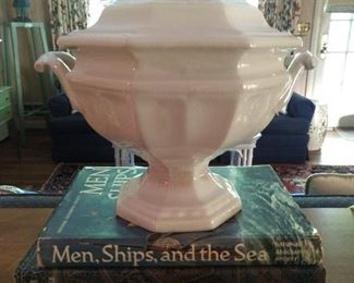Vintage English ironstone tureen, with ladle, atop some lovely books that you can read at your upcoming vacation by the sea. The pictures are lovely to read.