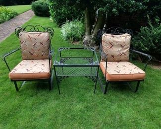 Pair of vintage wrought iron armchairs, with matching see-through side table.