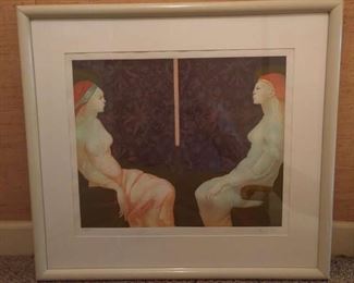 Signed/numbered lithograph #176/205 "Two Women", by Leonor (Eleonora) Fini, 1907-1996; bought in 1989 from the Anthony Ardavin Gallery, for $2K.                                    The artist Leonor Fini worked tirelessly throughout most of the 20th century, often alongside universally acknowledged masters such as Max Ernst, André Breton and George Balanchine. Her paintings and designs were shown in London, Paris and New York over decades. Portraits of her, an eccentric European artiste draped in wild costume at fancy masquerade balls, regularly appeared in magazines such as Life. 