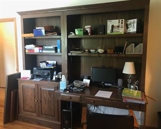 Desk and 2nd bookcase cabinet. Part of the three piece office set. Misc. office supplies