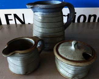 Set of Pitcher, Creamer, Sugar Bowl Pottery, Signed