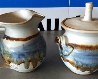 Creamer and Sugar Bowl Pottery, Signed