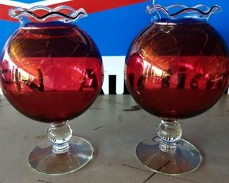 Pair of Vintage Footed Glass Globes with Ruffled Top