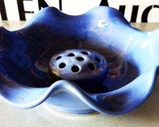 Vintage Blue Pottery Dish with Flower Frog (possibly Kentucky or Ohio) 