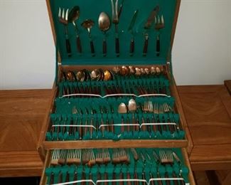 Antique flatware set in case - teak wood handles, gold electroplated -- so awesome!