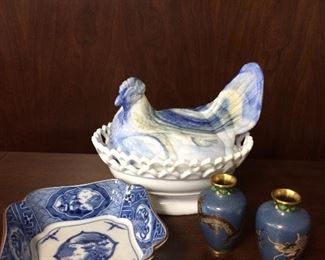 Very unusual "hen on a nest" and pair of cloisonne tiny vases!