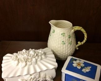 Belleek pitcher with shamrocks and porcelain boxes!