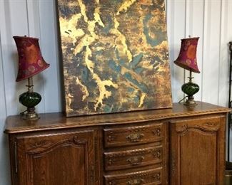 English sideboard... super nice, pair of unusual lamps, and abstract oil painting!