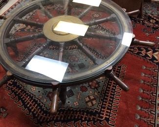 Close-up of the Ship's Wheel coffee table (sorry for the white on the photo... it's the reflection of the florescent lights above)