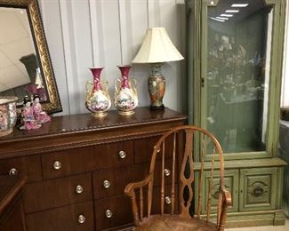 Vintage avocado green cabinet, antique rocking chair and large dresser in mint condition (dresser has matching full bed and 2 side tables)