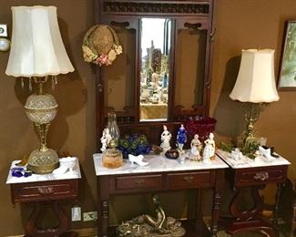 BEAUTIFUL MARBLE TOP HALL TREE TABLE & MUSIC LYRE END TABLES