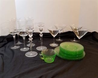 Glassware; martini glasses, candlesticks, etched, green glass         https://ctbids.com/#!/description/share/208623 
