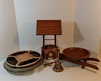 Collection of vintage wooden, ceramic, and brass items       https://ctbids.com/#!/description/share/208626