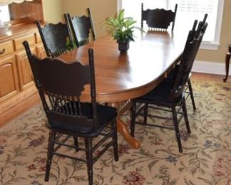 Oak Dining Table 41" X 94" with 3 Leafs, 6 Black Oak High Back Chairs