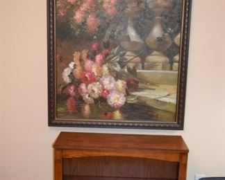 Small Oak Bookcase and Oil Floral Painting