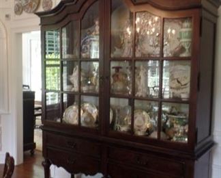 Jacobean dark walnut two door lighted china cabinet..6' 9" long 7'2" high ..  