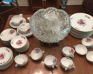 Cut glass punch bowl and Velencia China by Wentworth.