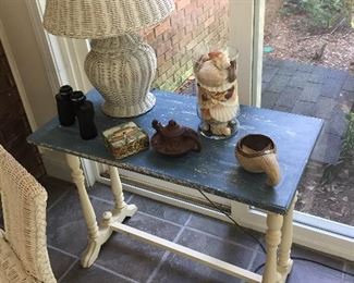 Wicker Lamp/Vintage Side Table/Binoculars. Table is hand painted.