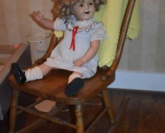 Antique Shirley Temple Doll waving to you from Her Antique Rocking Chair!