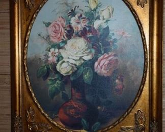 Beautiful Gold Gild Framed Oil Painting of Roses in Vase