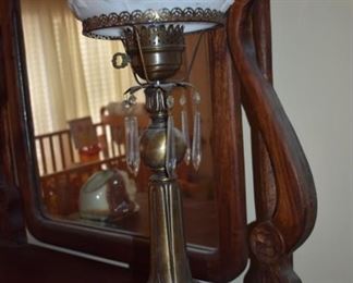 Antique Art Deco Lamp with Milk Glass Shade (with flowers in relief) and Crystal Prisms