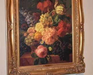 Gorgeously Custom Framed with Ornate Gold Gild surrounds this Beautiful Oil Painting from the Carlyle Collection, entitled "Flowers and Fruit" (circa 1795) faux painting of Jan Frans van Dael, 1764 - 1840 .