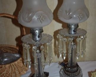 Pair of Beautiful Art Deco Table Lamps featuring Frosted Shades in Relief, Crystal Prisms, and with Corinthian and Hobnail influences on the Stands and Bases