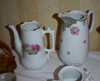 Antique Porcelain Coffee/Chocolate Pots and Double Handled Sugar Bowl all without Lids.
