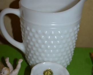 Antique Milk Glass Hobnail Pitcher and Vase