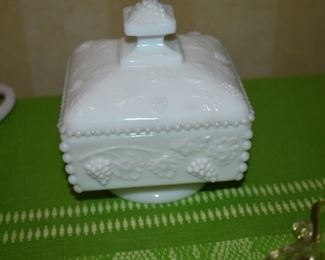 Antique Milk Glass Compote with Lid and Grape and Cable Design