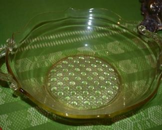 Double Handled Depression Glass Bowl Ornate with Beaed Base and Ribbed Sides