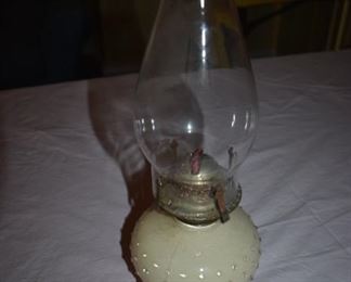 Antique Oil Lamp with unusual round glass bowl in Hobnail
