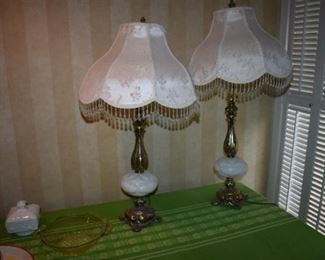 Pair of Beautiful Table Lamps with Brass and Milk Glass Bases and Matching Fringed Lamp Shades in Fantastic Condition!
