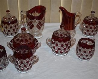Antique Early American Pattern Glass featuring rare examples of Ruby Red Stained Bullseye Daisy Newport Glass