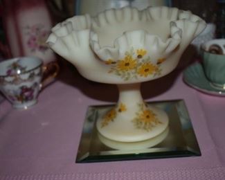 Fenton Glass Compote hand-painted fluted edged Case Glass