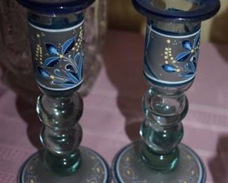 Beautifully Hand Painted Antique and Beaded Glass Candle Sticks