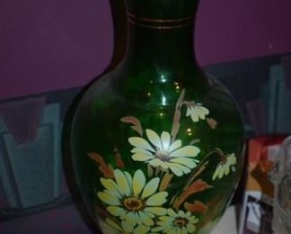 Large Handpainted Depression Era Green Glass Vase
