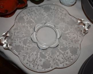 Lovely Depression Era scalloped edge, double handled and Beautifully Etched Serving Platter