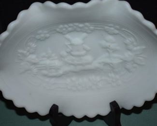 Beautiful scalloped edged Oval Milk Glass Dish with Gorgeous Windmill Design in Relief