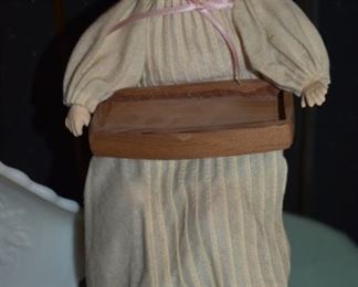 Antique Porcelain Baby Doll in Carved Wooden High Chair