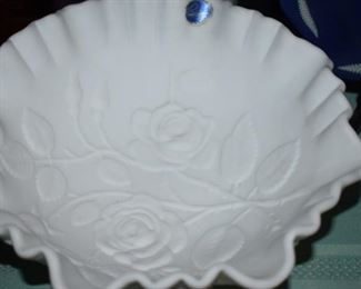 Antique Ruffled edge Milk Glass Bowl with Flower pattern in Relief