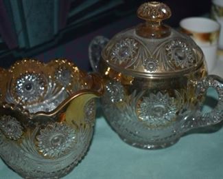 Vintage Pressed Glass Sugar and Creamer with Gold Trim