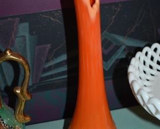 Rare1950'S Mid Century Hobnail Footed Viking/Fayette/Fenton/LE Smith Slag Glass Stretch Vase Orange