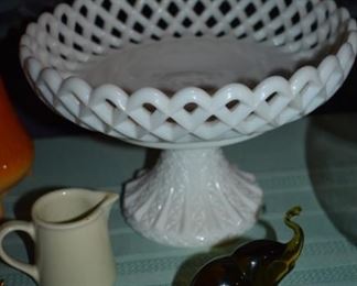 Antique Milk Glass Pierced Edge Pedestal Fruit Bowl