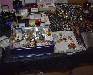 Huge Collection of Vintage Jewelry including Pocket Watches, Watches, Beautiful Vintage Art Nouveau Sterling Silver Brooches (large collection!), Necklaces, Bracelets, Bangles, Earrings, Rings, and More!!!