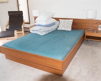 Danish Mid Century Modern Queen Platform Bed With Attached Nightstands