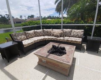 Sectional Patio Furniture & 2 End Tables. Vinyl Wicker. Fire Pit is attached and not for sale.