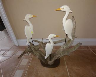 Triple White Heron piece by Lazarus Paskalitis, Driftwood from Homosassa, FL. One of a kind Art