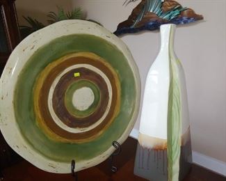 Large Ceramic Plate/Bowl & Vase. Copper Wave Artwork in the Background