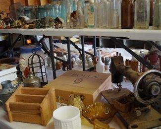 sewing machine, vintage bottles